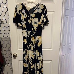 Kissmay Floral Wrap Dress in Navy and Yellow Faux Wrap Midi 20W